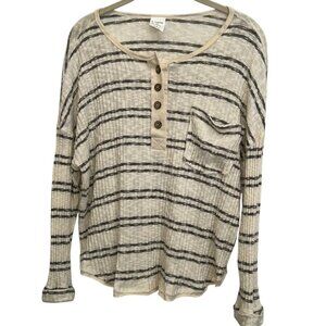 By Together natural black striped textured quart button henley top S